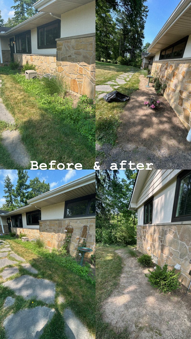 Four photos of a stone ranch landscaping job by BTI Clean, overgrown beds before and cleared, edged beds after